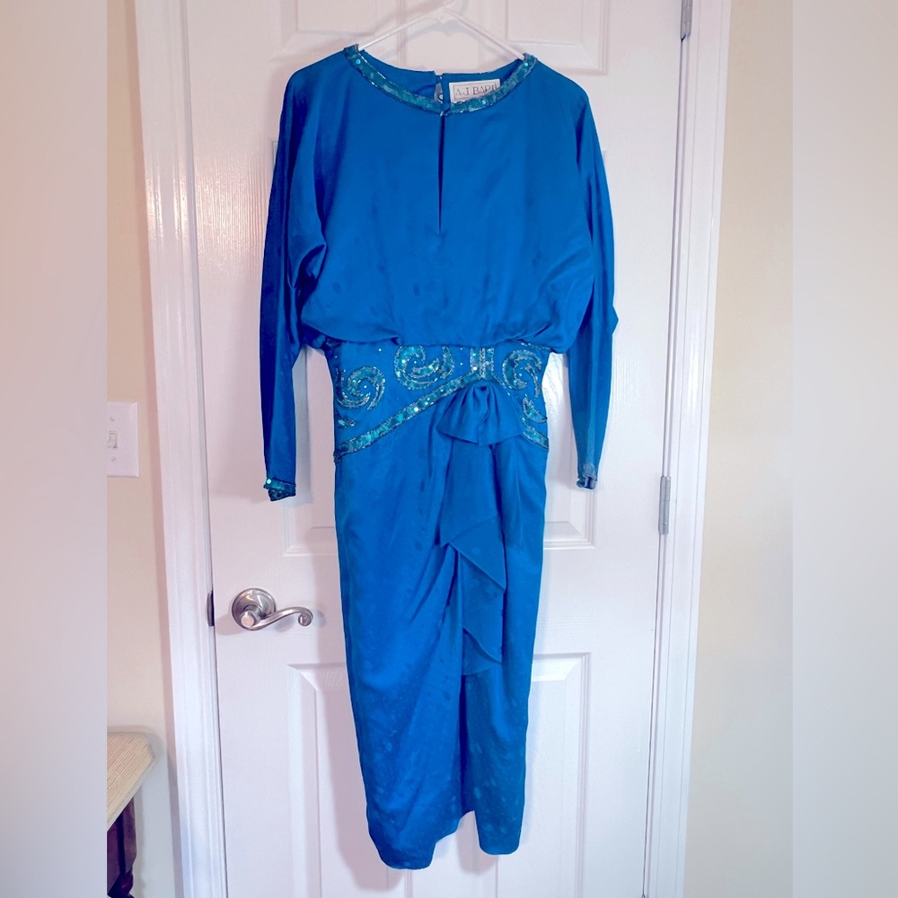 Vintage turquoise silk beaded 80s evening cocktail dress